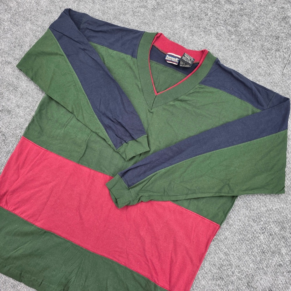 Passager Mens Large Vintage 90s Colorblock V-Neck Long Sleeve Shirt Green Navy
